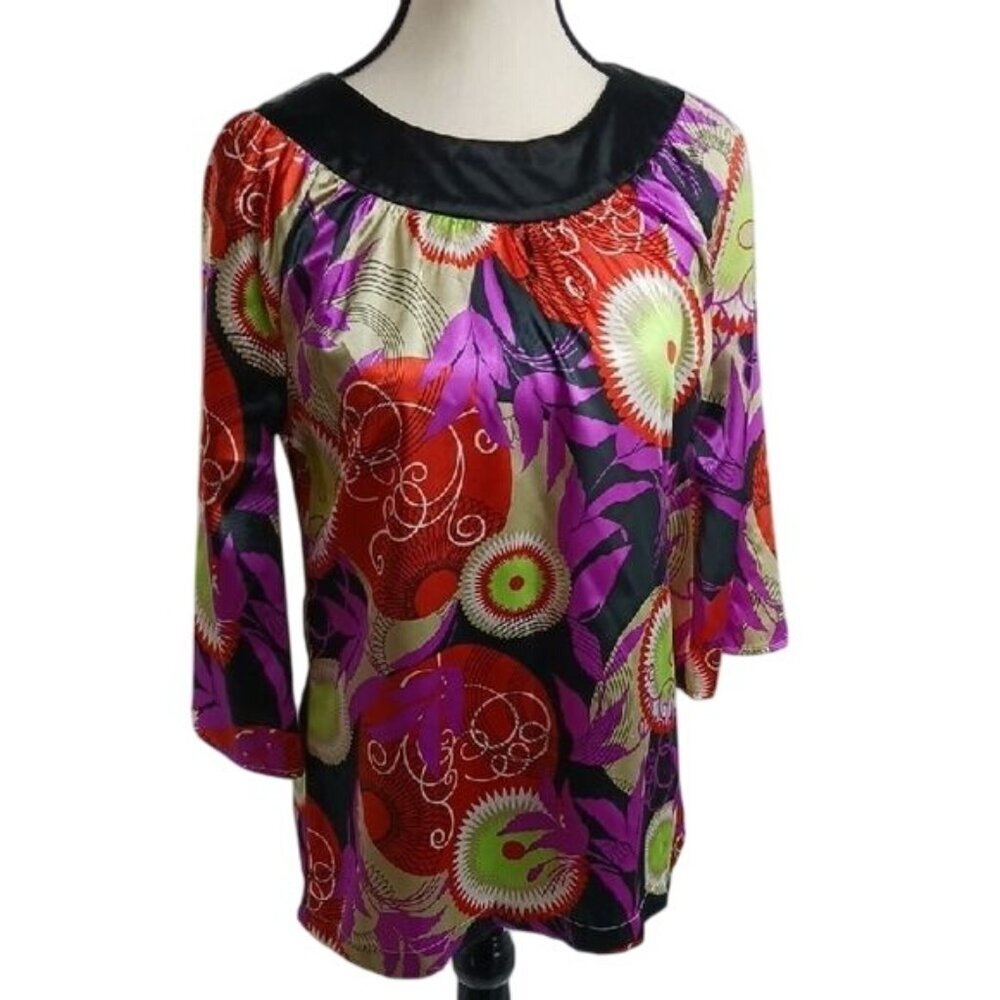 BCBGMAXAZRIA Womens Tunic Top Multicolor Abstract Print 3/4 Sleeve Size XS